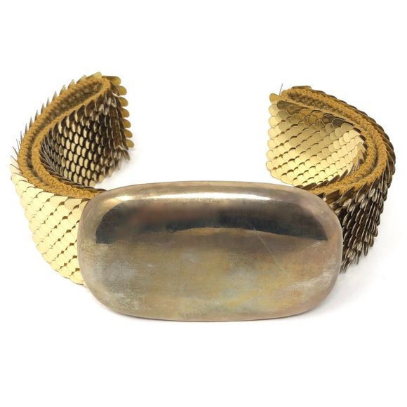 Vintage BRASS Fish Scale Belt, Retro Metal Belt, 80's Stretch Belt - Picture 3 of 6